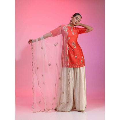 Kudi Pataka Designs Mahi-co Red Kurti With Sharara & Dupatta (Set of 3)