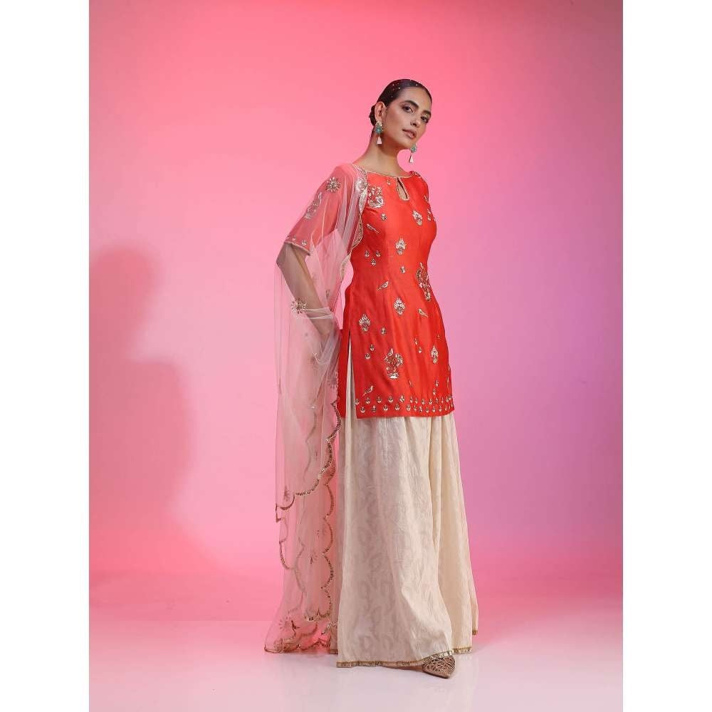 Kudi Pataka Designs Mahi-co Red Kurti With Sharara & Dupatta (Set of 3)