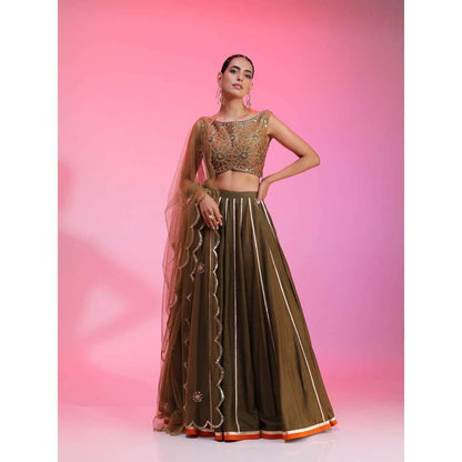 Kudi Pataka Designs Chandniya-Ol Olive Classic Lehenga With Choli & Dupatta (Set of 3)