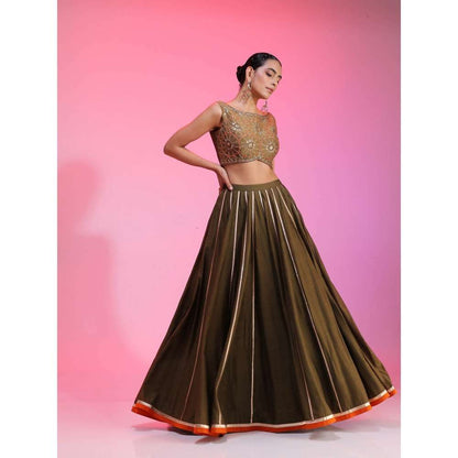 Kudi Pataka Designs Chandniya-Ol Olive Classic Lehenga With Choli & Dupatta (Set of 3)