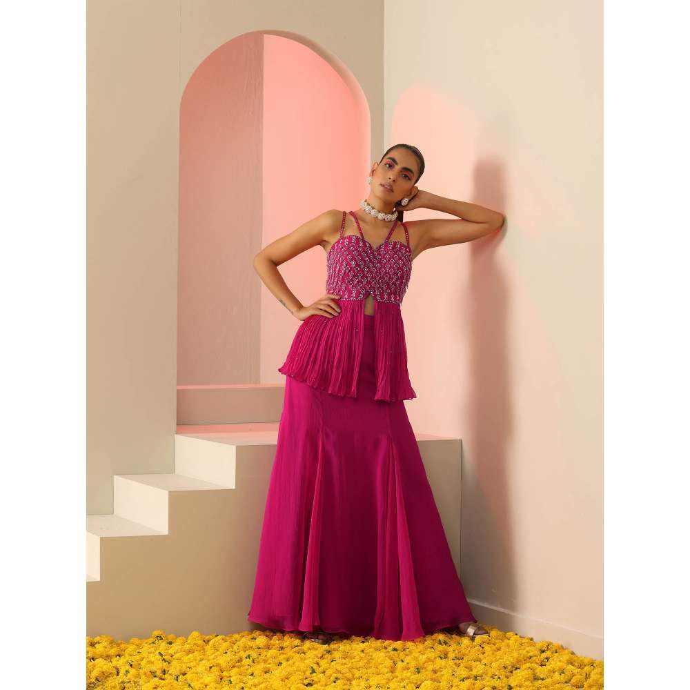 Kudi Pataka Designs Sasha Pink Embellished Sequined Top With Skirt (Set of 2)