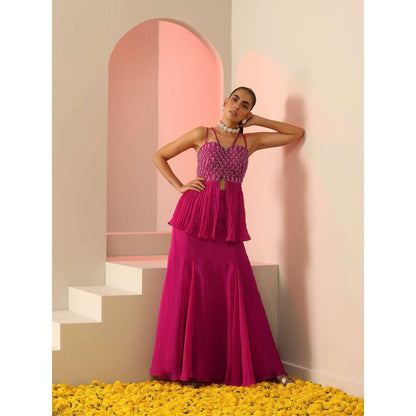 Kudi Pataka Designs Sasha Pink Embellished Sequined Top With Skirt (Set of 2)