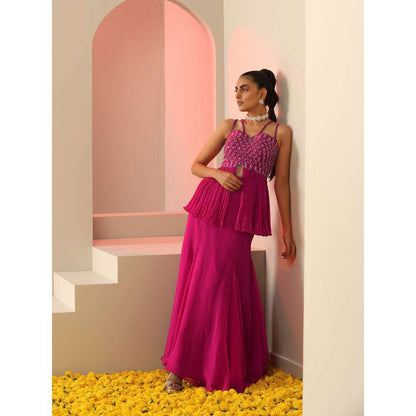 Kudi Pataka Designs Sasha Pink Embellished Sequined Top With Skirt (Set of 2)