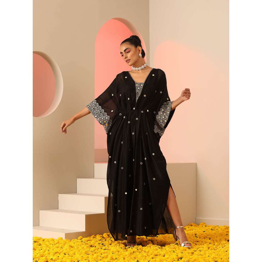 Kudi Pataka Designs Anaita Black Mirror Work Kaftan
