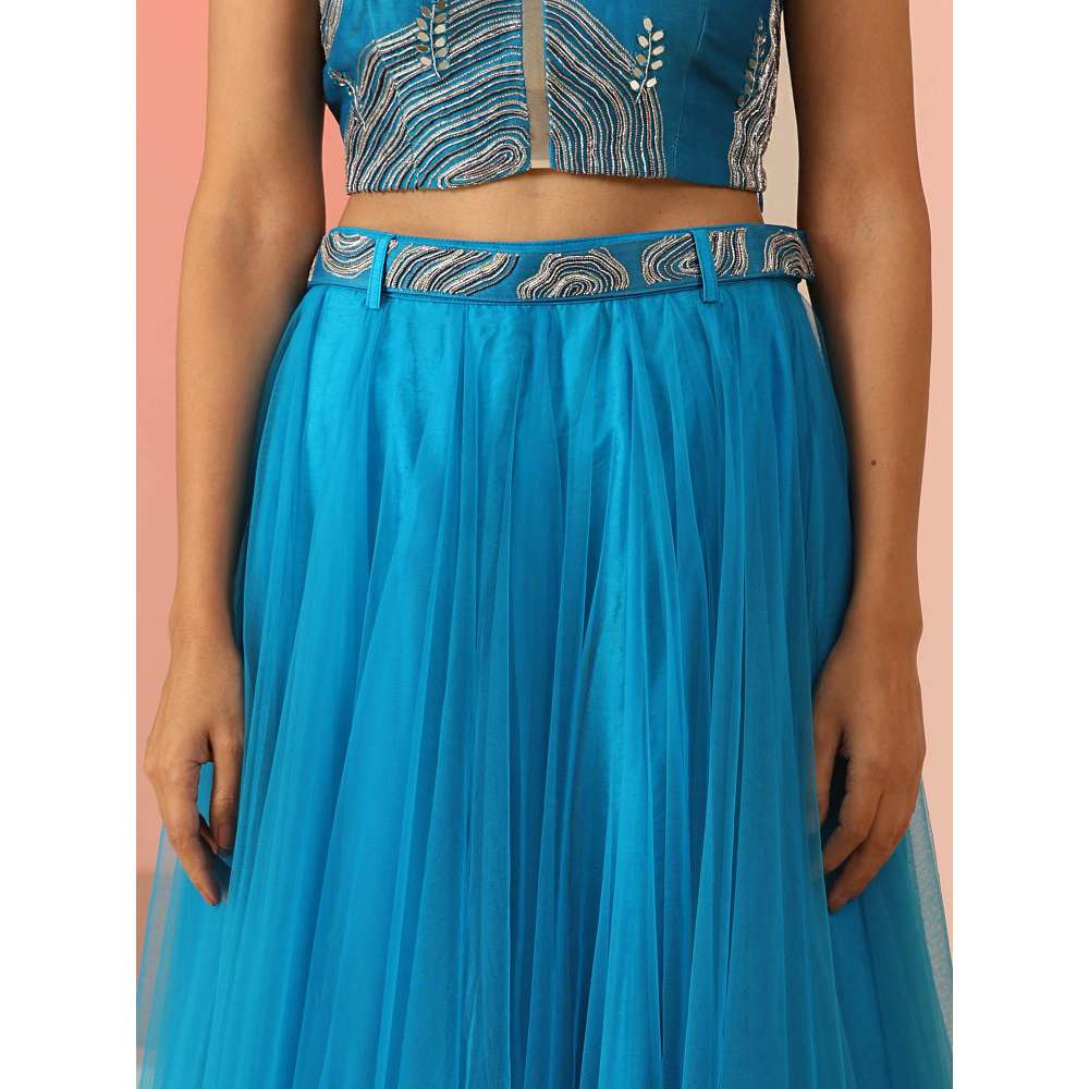 Kudi Pataka Designs Akashi Blue Embroidered Top & Skirt With Belt (Set of 3)