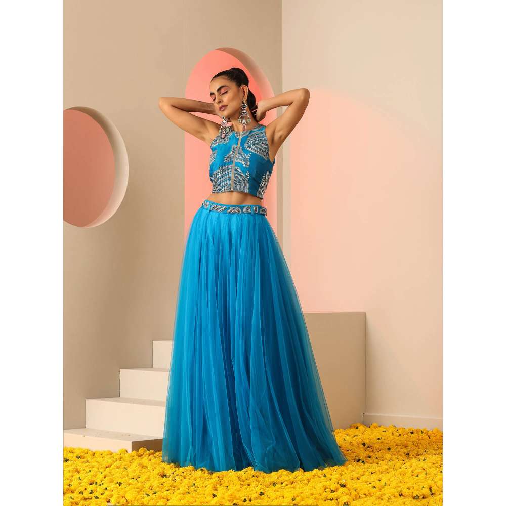 Kudi Pataka Designs Akashi Blue Embroidered Top & Skirt With Belt (Set of 3)