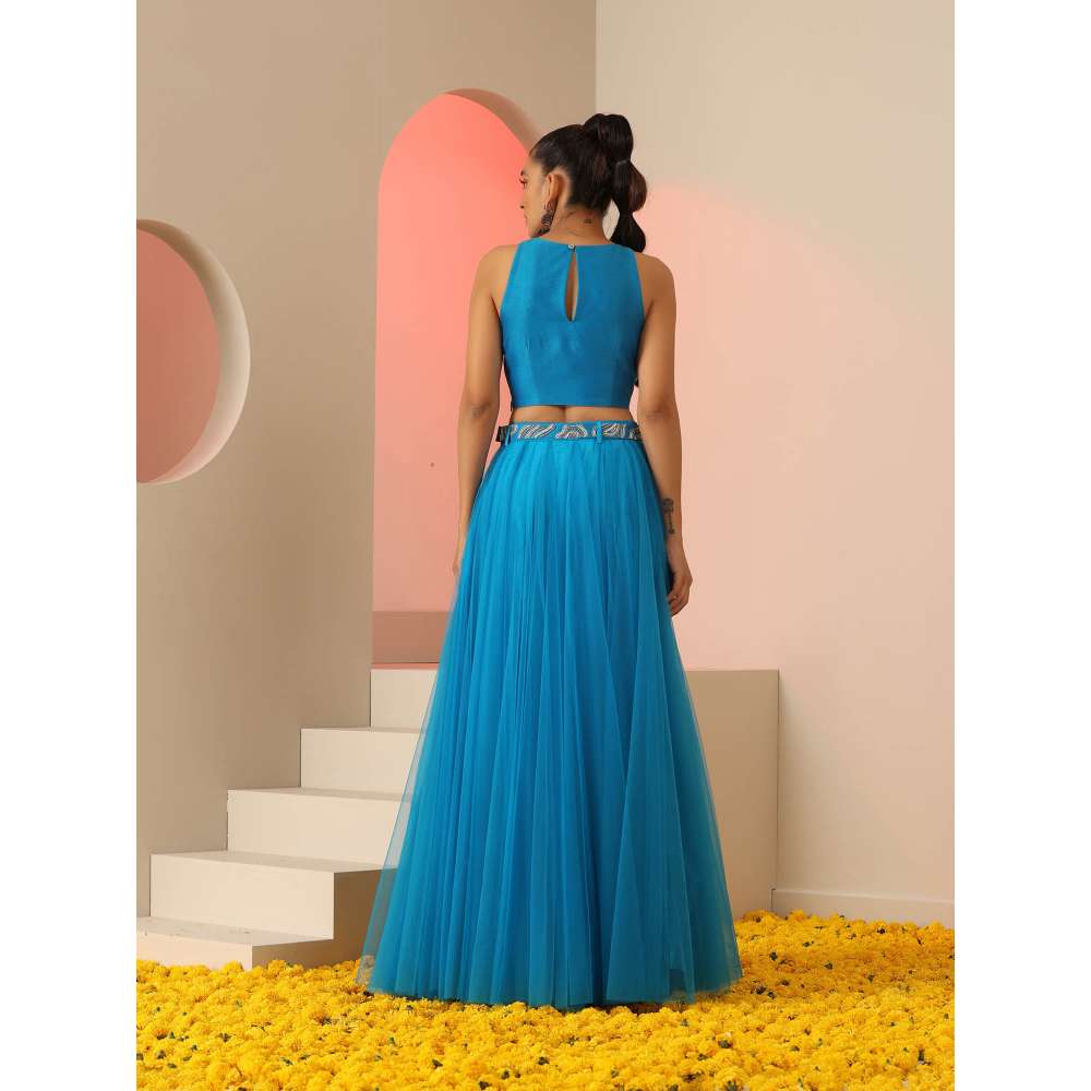 Kudi Pataka Designs Akashi Blue Embroidered Top & Skirt With Belt (Set of 3)