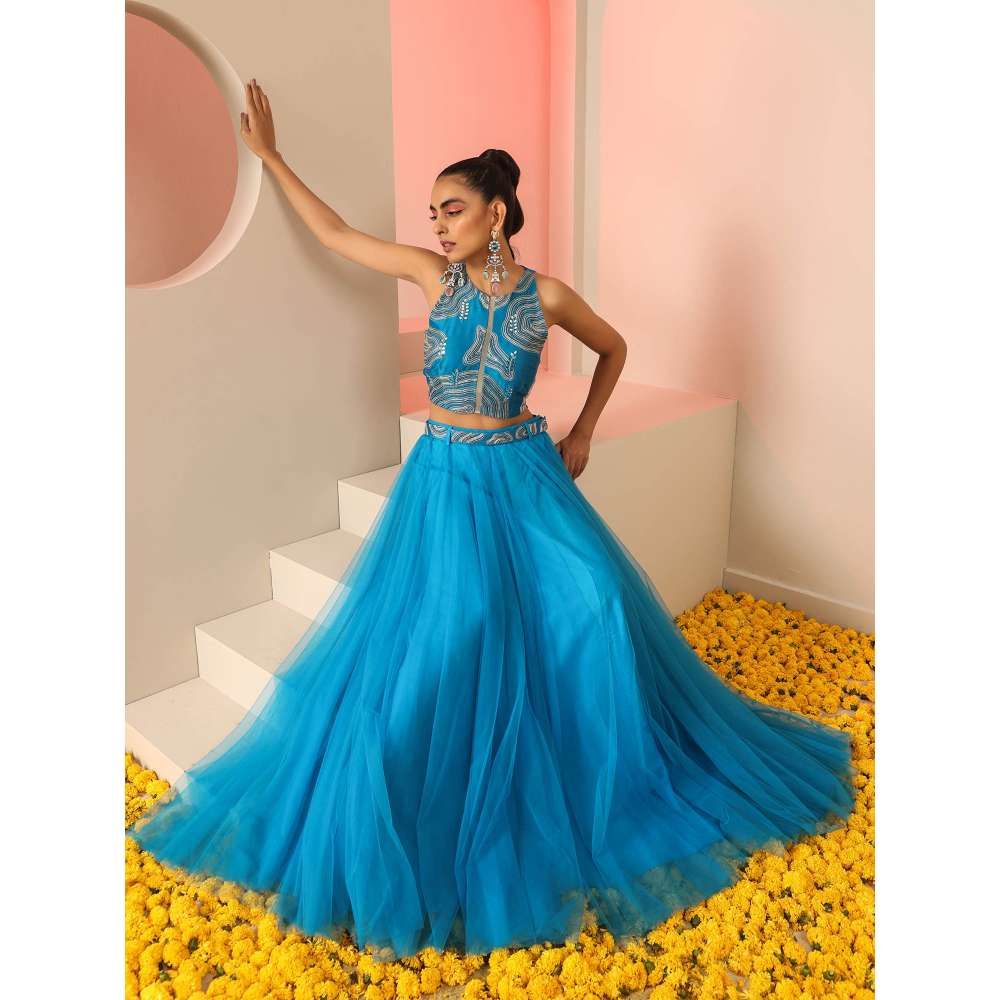 Kudi Pataka Designs Akashi Blue Embroidered Top & Skirt With Belt (Set of 3)