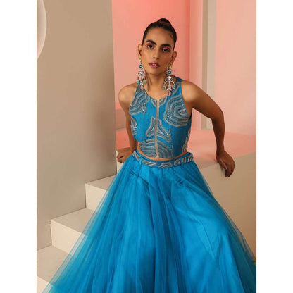 Kudi Pataka Designs Akashi Blue Embroidered Top & Skirt With Belt (Set of 3)