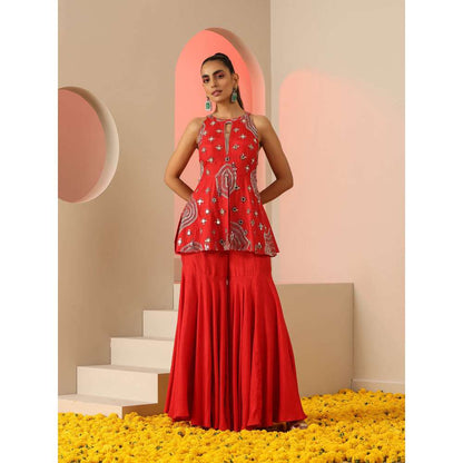 Kudi Pataka Designs Apsa Red Fusion Kurti With Sharara (Set of 2)