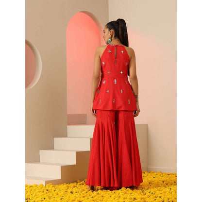 Kudi Pataka Designs Apsa Red Fusion Kurti With Sharara (Set of 2)