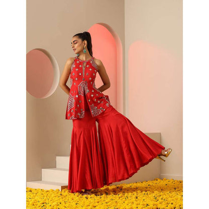 Kudi Pataka Designs Apsa Red Fusion Kurti With Sharara (Set of 2)