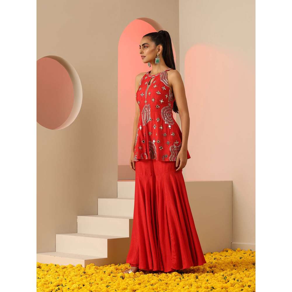 Kudi Pataka Designs Apsa Red Fusion Kurti With Sharara (Set of 2)