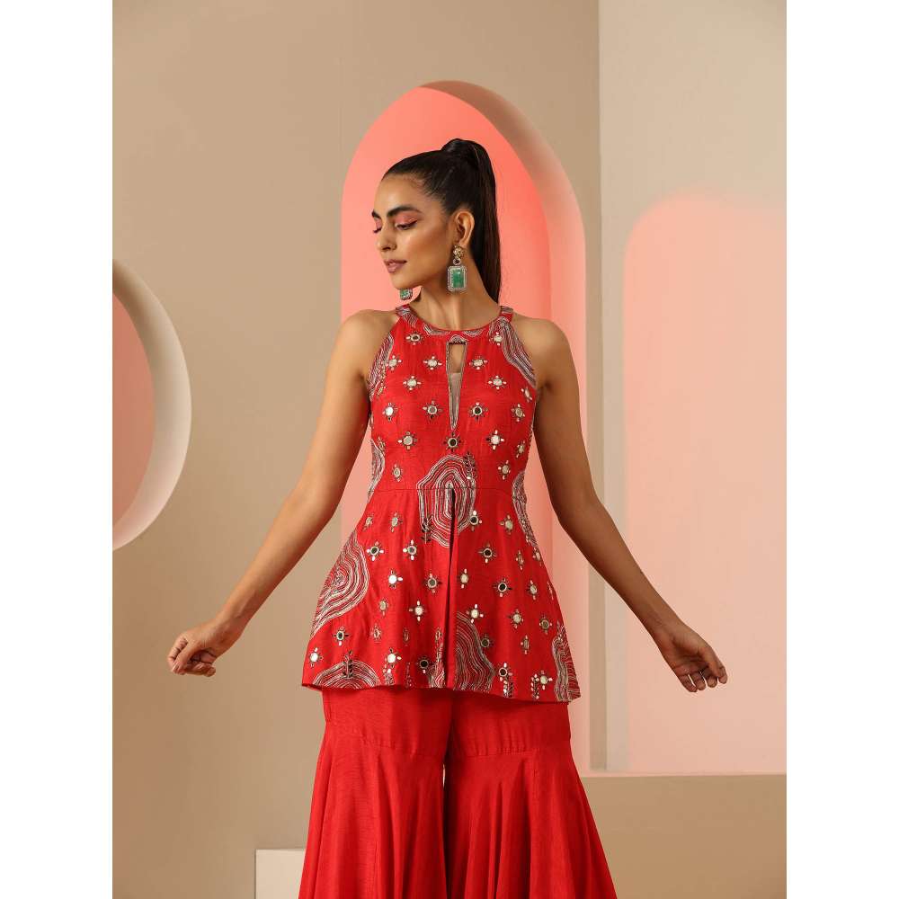 Kudi Pataka Designs Apsa Red Fusion Kurti With Sharara (Set of 2)