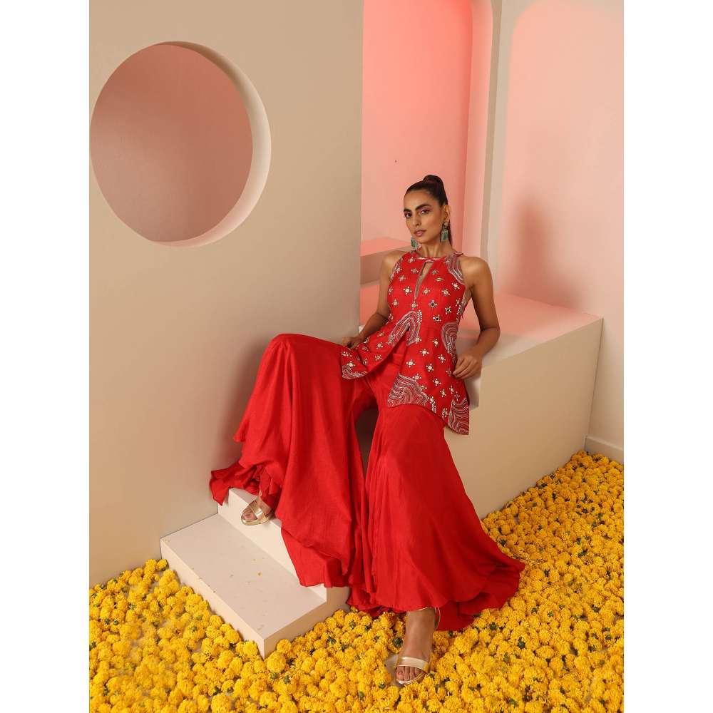 Kudi Pataka Designs Apsa Red Fusion Kurti With Sharara (Set of 2)
