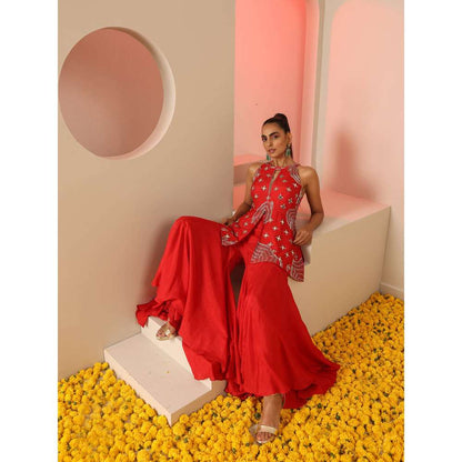 Kudi Pataka Designs Apsa Red Fusion Kurti With Sharara (Set of 2)