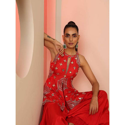 Kudi Pataka Designs Apsa Red Fusion Kurti With Sharara (Set of 2)