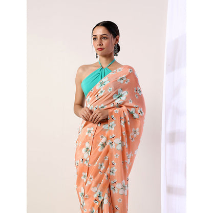Label Nitika Coral Crepe Saree with Unstitched Blouse