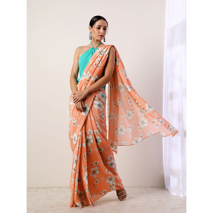 Label Nitika Coral Crepe Saree with Unstitched Blouse