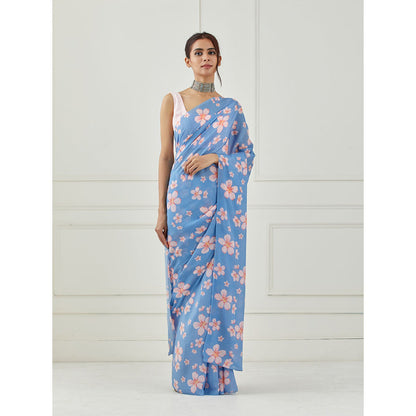Label Nitika Floral Printed Moon Blue Crepe Saree with Unstitched Blouse