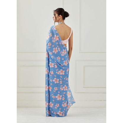 Label Nitika Floral Printed Moon Blue Crepe Saree with Unstitched Blouse