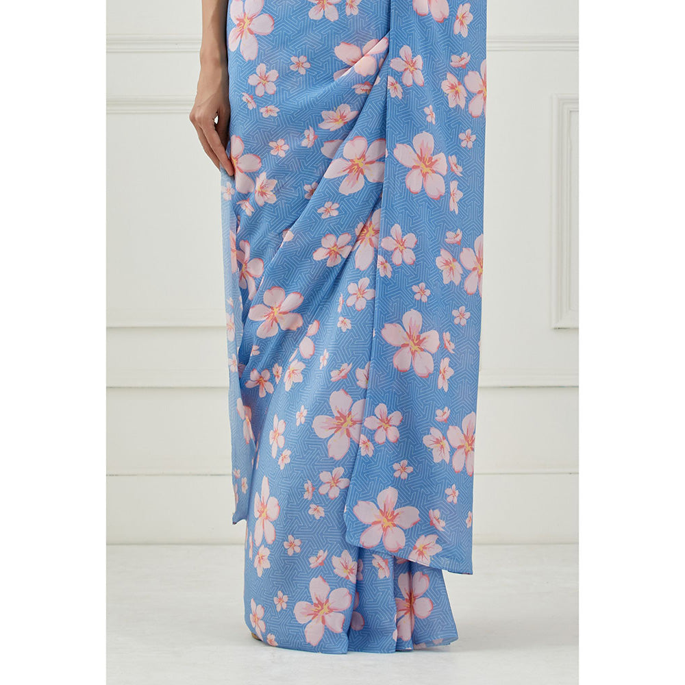 Label Nitika Floral Printed Moon Blue Crepe Saree with Unstitched Blouse