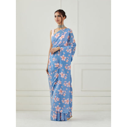 Label Nitika Floral Printed Moon Blue Crepe Saree with Unstitched Blouse