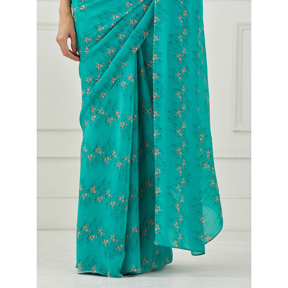 Label Nitika Teal Crepe Saree with Unstitched Blouse