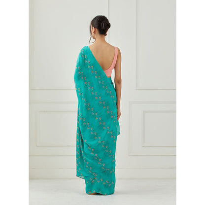 Label Nitika Teal Crepe Saree with Unstitched Blouse
