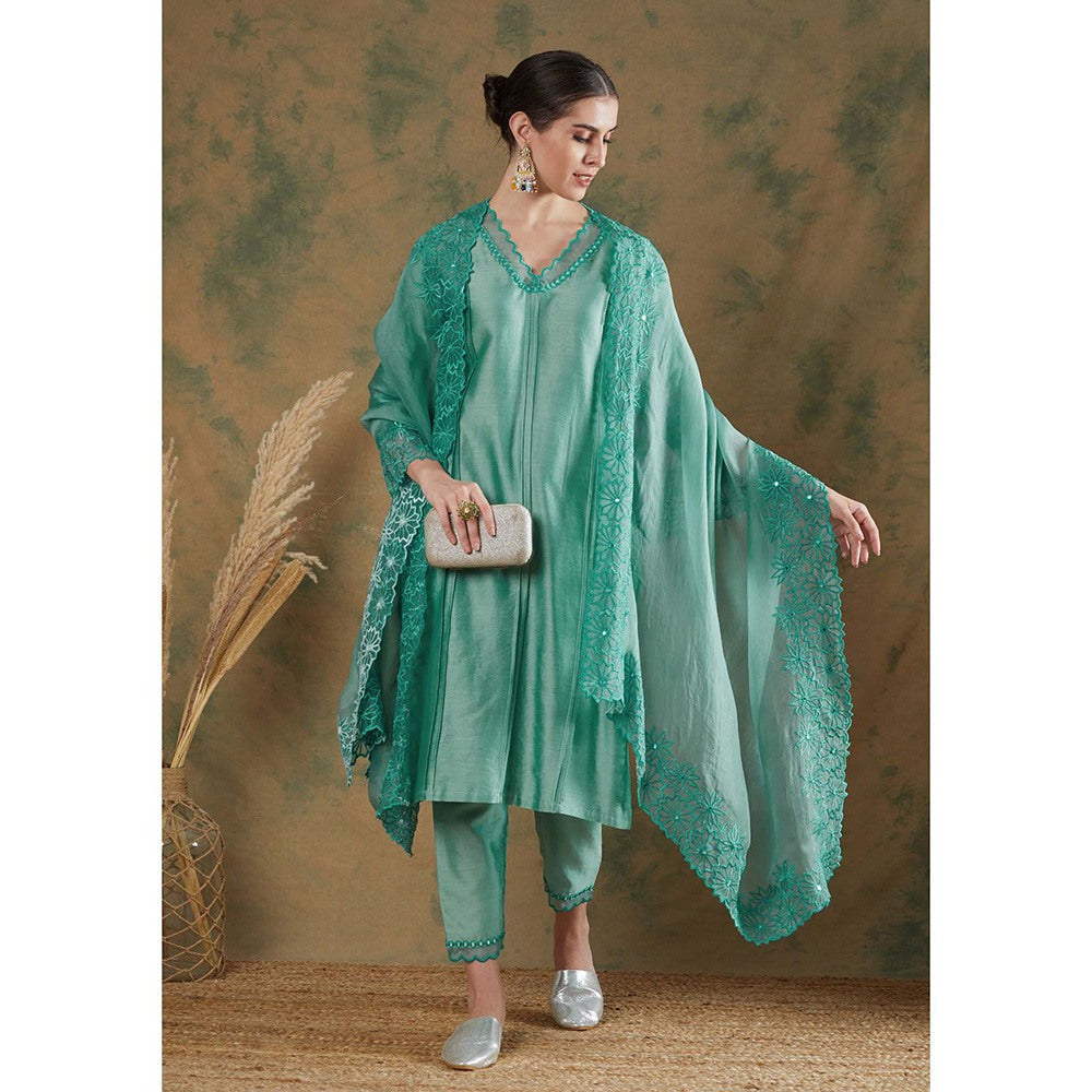 Label Nitika Blue Embroidered Kurta Pant & Dupatta (Set of 3)