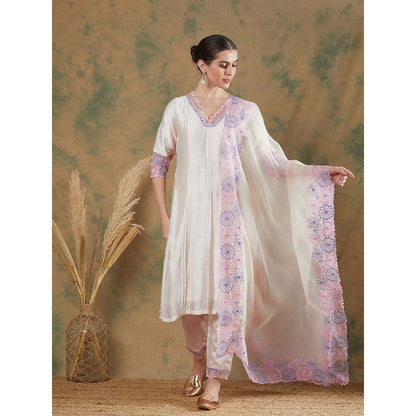 Label Nitika Ivory Embroidered Kurta Pant & Dupatta (Set of 2)