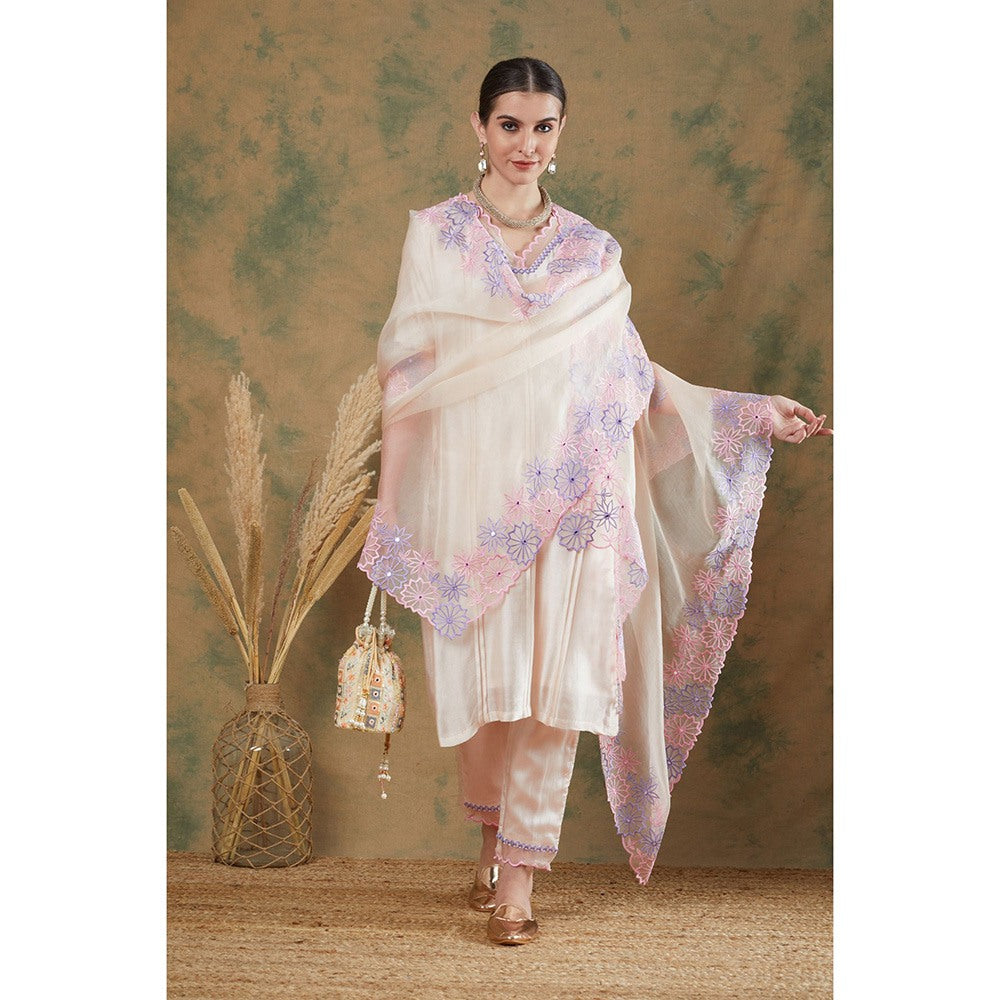 Label Nitika Ivory Embroidered Kurta Pant & Dupatta (Set of 2)