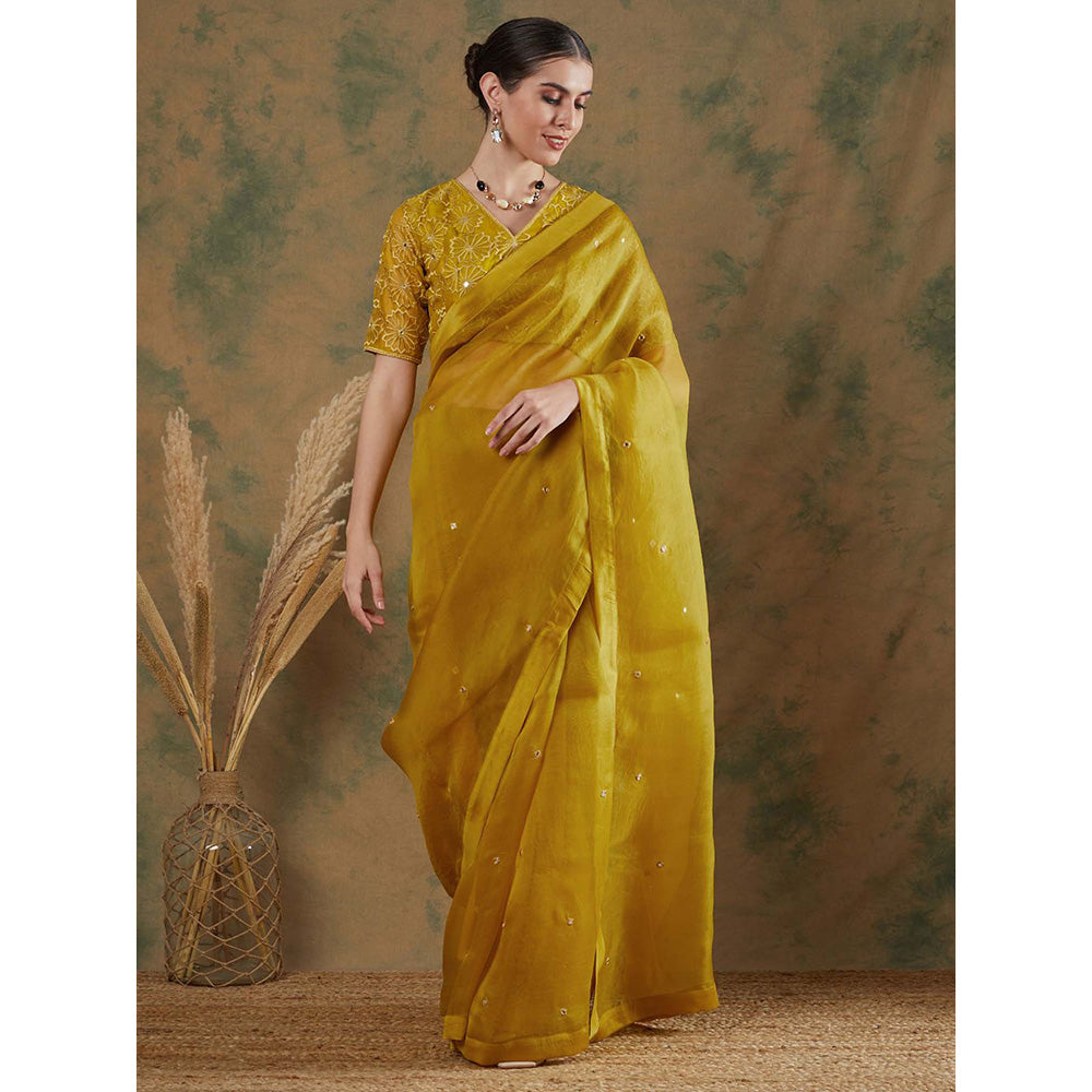 Label Nitika Golden Yellow Embroidered Saree with Stitched Blouse