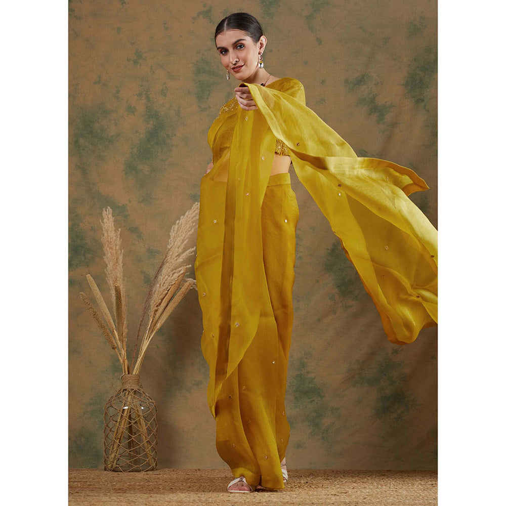 Label Nitika Golden Yellow Embroidered Saree with Stitched Blouse
