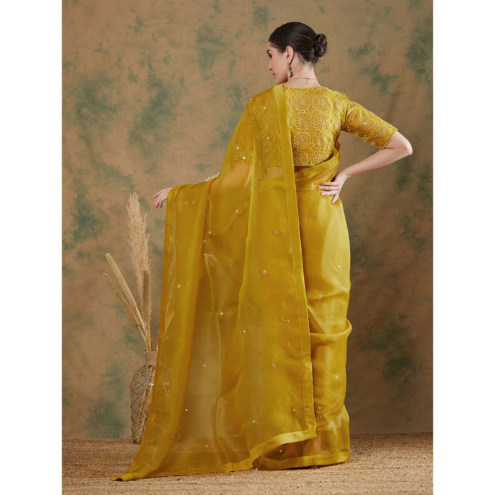 Label Nitika Golden Yellow Embroidered Saree with Stitched Blouse