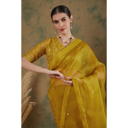 Label Nitika Golden Yellow Embroidered Saree with Stitched Blouse