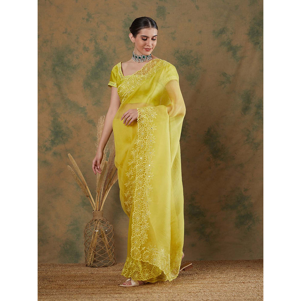 Label Nitika Lime Embroidered Saree with Stitched Blouse