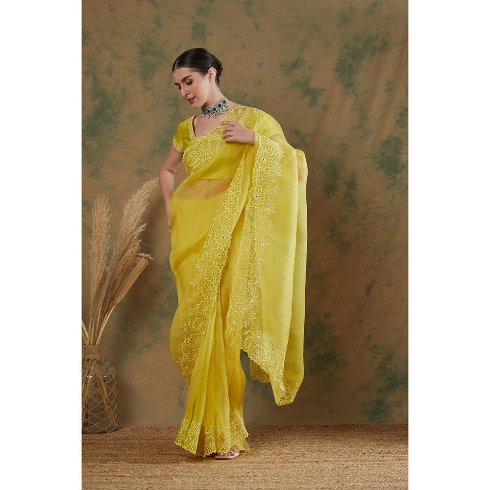 Label Nitika Lime Embroidered Saree with Stitched Blouse