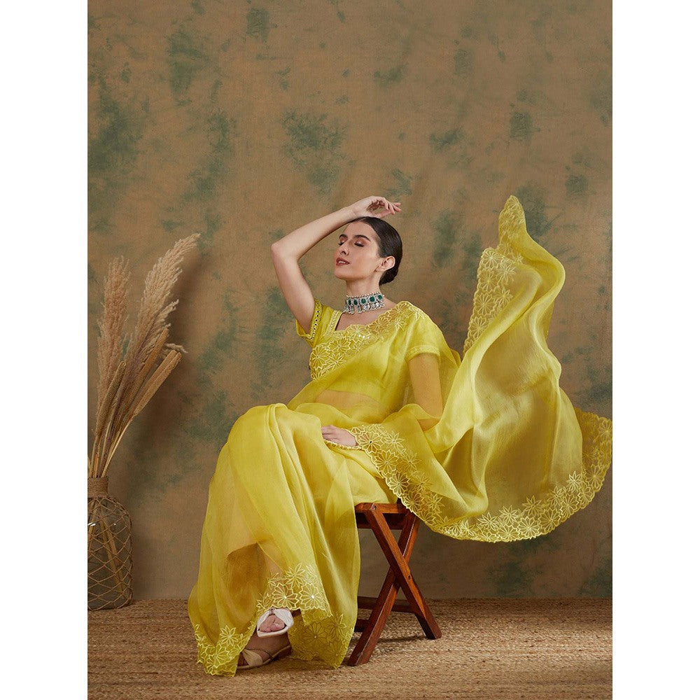 Label Nitika Lime Embroidered Saree with Stitched Blouse