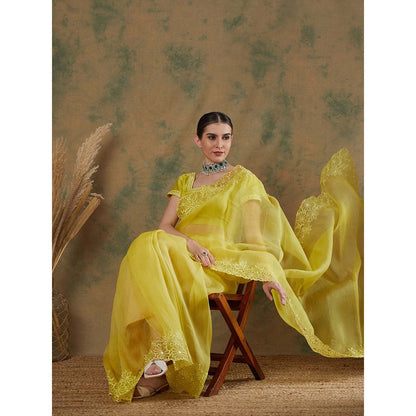 Label Nitika Lime Embroidered Saree with Stitched Blouse