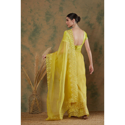 Label Nitika Lime Embroidered Saree with Stitched Blouse