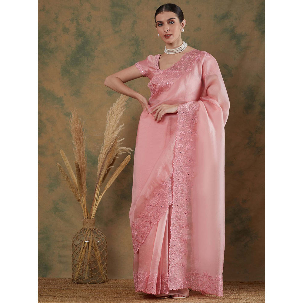 Label Nitika Onion Pink Embroidered Saree with Stitched Blouse