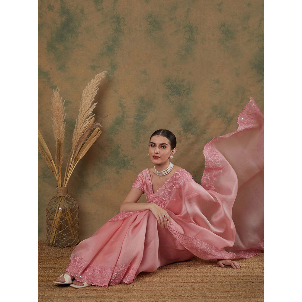 Label Nitika Onion Pink Embroidered Saree with Stitched Blouse