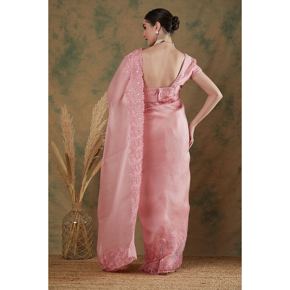 Label Nitika Onion Pink Embroidered Saree with Stitched Blouse