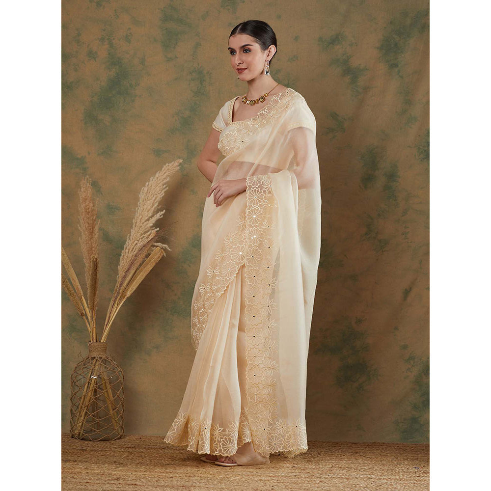 Label Nitika Ivory Embroidered Saree with Stitched Blouse