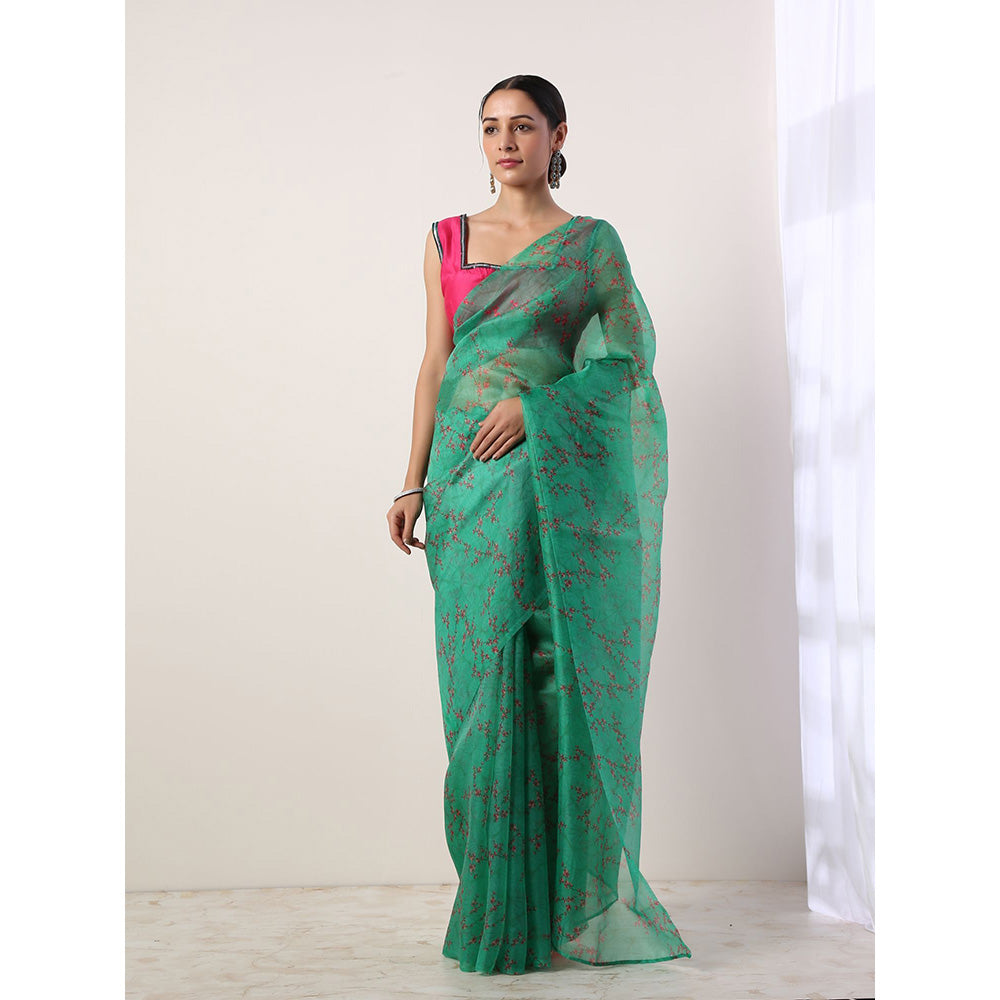 Label Nitika Green Floral Printed Organza Saree with Stitched Blouse