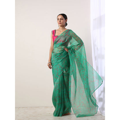 Label Nitika Green Floral Printed Organza Saree with Stitched Blouse