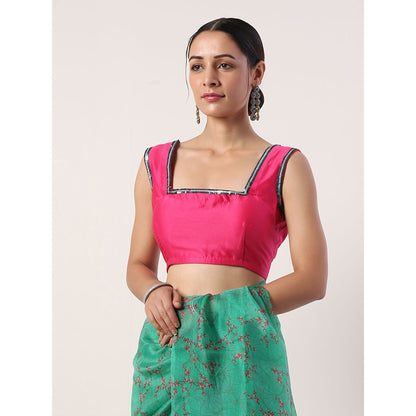 Label Nitika Green Floral Printed Organza Saree with Stitched Blouse