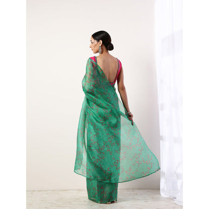 Label Nitika Green Floral Printed Organza Saree with Stitched Blouse