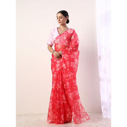 Label Nitika Hot Pink Printed Organza Saree with Stitched Blouse